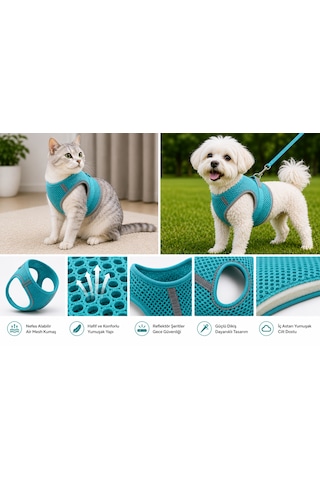 Nefes Alan Kumaş Air Mesh Kedi Köpek Göğüs Tasması Xx Small 28x32 Cm Turkuaz