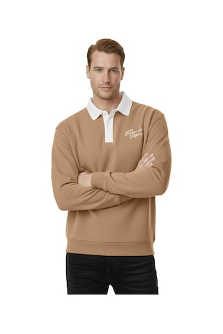 Deepsea Erkek Camel Relax Fit İçi Polarlı Polo Yaka Sweatshirt Pamuklu Kalın Sweatshirt 2600762 Camel