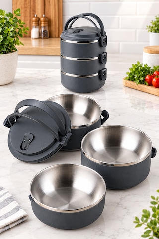 3 Katlı Yeni Nesil Sefer Tası Lunch Box Beslenme Kabı Paslanmaz Çelik 1800 Ml Gri - Siyah