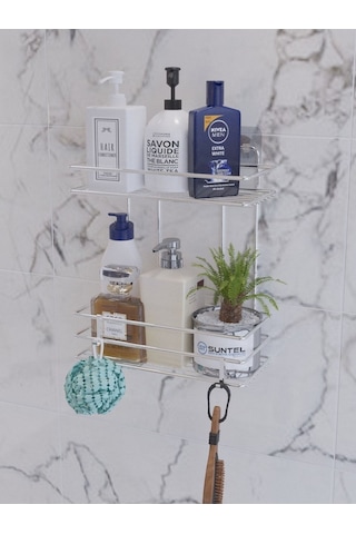 Suntel Yapışkanlı Banyo Rafı Krom + 2 Adet S Kanca Hediye Krom
