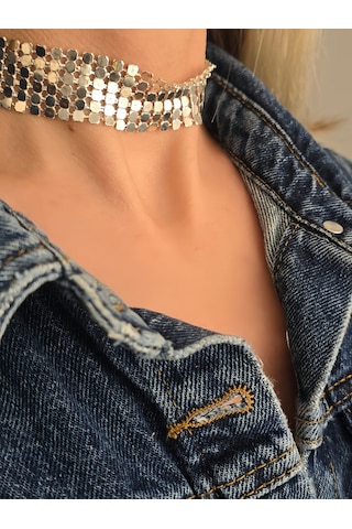 Arpa Pul Payet Zırh Metal Model Gümüş Choker Kolye Silver Çok Renkli