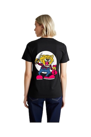 Paybuy Kadın Grafik Baskılı Karikatür Kaplan Tişört Kısa Kollu Yuvarlak Siyah