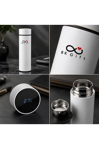 Logonuza Özel 5 Adet 5338 Dijital Süzgeçli Çelik Termos 450 Ml Kurumsal Termos Beyaz