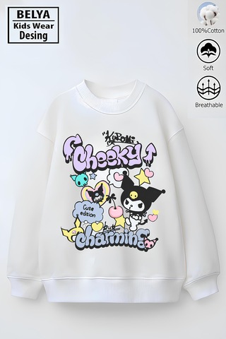 Tam Kalıp Oversize Kız Çocuk Pamuğa Pamuk 3 İplik Kumaş Karakter Tasarım Sweatshirt Beyaz