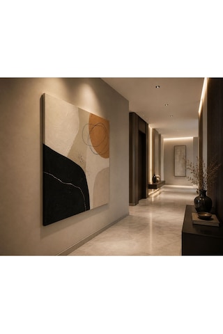 Luxe Terra Abstract Bej Siyah Gold Dokulu Soyut Kanvas Tablo Modern Minimalist Salon, Yatak Odası Ve Koridor Duvar Dekoru
