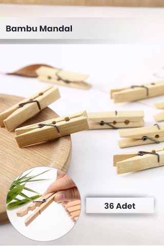 36 Adet - Bambu Mandal, Hobi Mandalı, Ahşap Mandal, Tahta Mandal - Çamaşır Mandalı