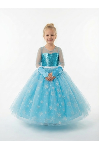 Butikhappykids Frozen Elsa Kostümü Uzun Kollu Kız Çocuk Prenses Elbisesi Taç+asa+saç+eldiven+rozet Hediyeli Mavi