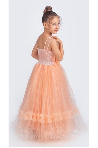 Mnk Baby & Kids Uzun Etekli , Askılı Kız Cocuk Gül Motif Abiye Elbise M00670 Somon