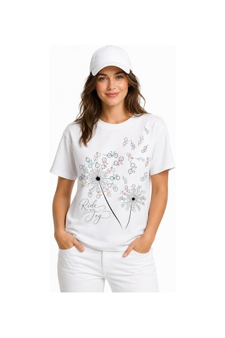 Bayloranzzo Ride With Joy %100 Pamuk Heavy Cotton Premium Kalite Kadın Tişört Beyaz