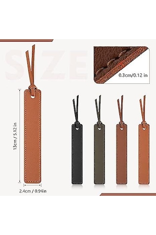 4 Adet Deri Kitap Ayracı, Klasik Dikişli, Deri İpliğiyle 13 2.4cm
