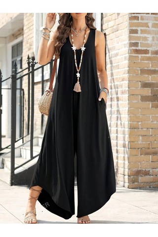 Leyla Sanat Sanata Yeni Bir Bakış Açısı Kadın Askılı Yuvarlak Yaka Cepli Salaş Uzun Viskon Tulum Siyah