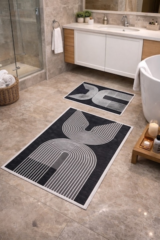 Modern Çizgili Çerçeve Banyo Paspası Kaydırmaz Tabanlı Yumuşak 2 Li Set Gri