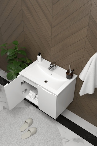Teta Home Astana 80 Cm Mdf Gövde Membran Kapak Banyo Dolabı Seti + Boy Dolabı Beyaz