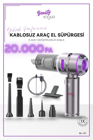 Beauty Vogue Araç İçi Süpürge 4ın1 20.000 Pa Emiş Güçlü Üflemeli Şarjlı Mini Araba El Süpürgesi Hl121 Pro