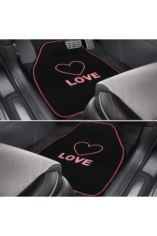 Kalp Ve Aşk Desenli Pembe Nakışlı 5'li Oto Halı Paspas Seti Love Yazı Detaylı Araba Paspas Takımı