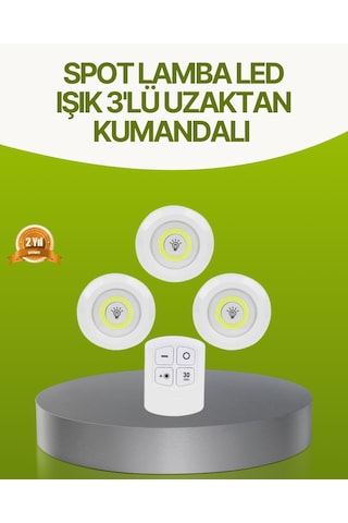 Uzaktan Kumandalı 3 Lü Kablosuz Led Spot Lamba Seti Yapışkanlı Pratik Kullanım Renkli