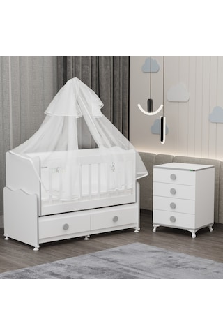 Elegant Mdf Çıtalı Beşik + Şifonyer Yatak Uykuseti - Gri Beyaz