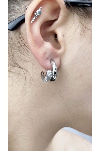 Zirkon Taşlı, İkili Görünüm Vip Küpe 603, Gümüş Renk Gümüş