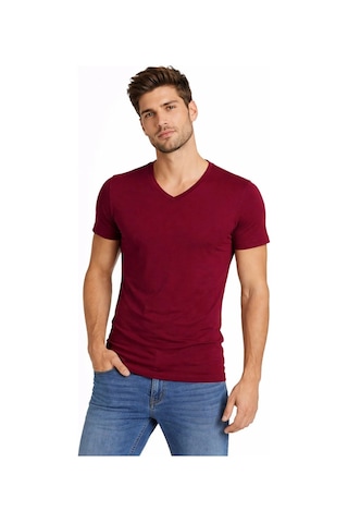 Novalisse Erkek Body T-shirt V Yaka Slim Fit Likralı Kısa Kol Tişört - Bordo Çoklu Renk