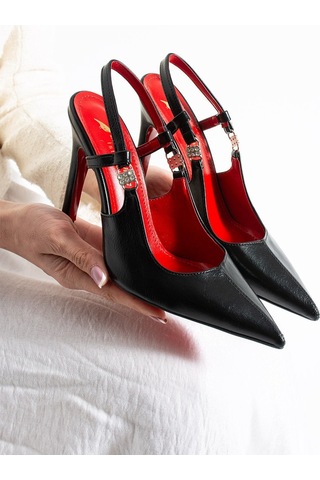 Lebibe Shoes Velmora Kadın Siyah Sivri Burun Slingback 11 Cm İnce Topuk Taş Aksesuar Detaylı Ayakkabı