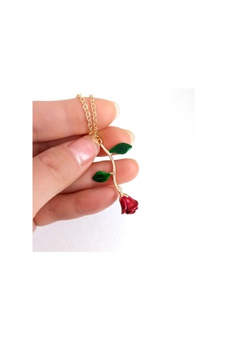 Saatcaddesi Yeşil Yapraklı Rose Zamak Gül Bayan Kolye