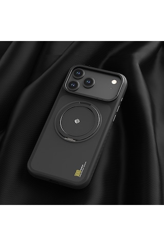 Apple Uyumlu iPhone 17 Pro Max  Kılıf M-safe Şarj Özellikli Metal Standlı Lenyes Ck225 Kevlar Kapak Siyah Siyah