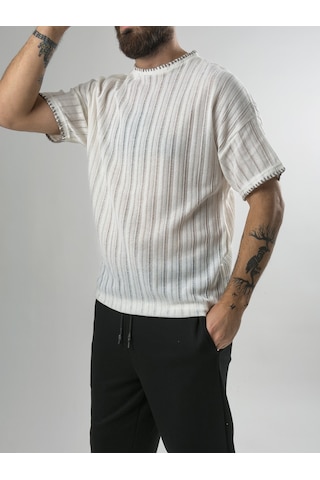 Cocopelli Yaka İp Detaylı Tasarım Erkek Ekru T-shirt Coc2610 Ekru