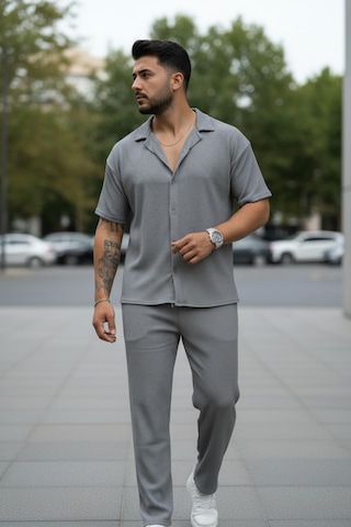 Fifty Color Unisex Trend Bürümcük Krinkıl Kumaş Yazlık Likralı Kısa Kol Gömlek Ve Eşofman Takım Gri