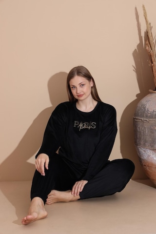 Boyraz Kadın Kışlık Fransız Kadife Büyük Beden Bisiklet Yaka Uzun Kol Pijama Takımı 03134 - 1 Adet Siyah