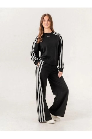 Kız Çocuk 2 İplik 3 Şeritli Sweatshirt-14938 Siyah