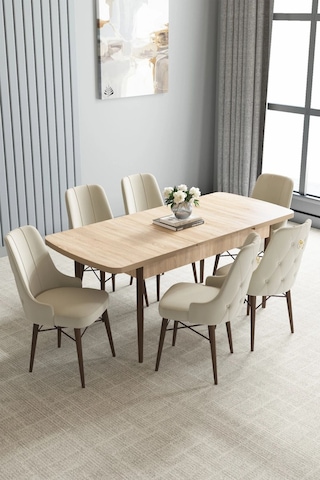 Zümra Serisi, Meşe Desen 80x132 Açılabilir Mdf Mutfak Masası Takımı 6 Adet Sandalye, Krem