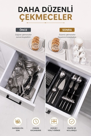 Çekmece İçi Bıçaklık Organizer Bölmeli Mutfak Düzenleyici Siyah S-11029