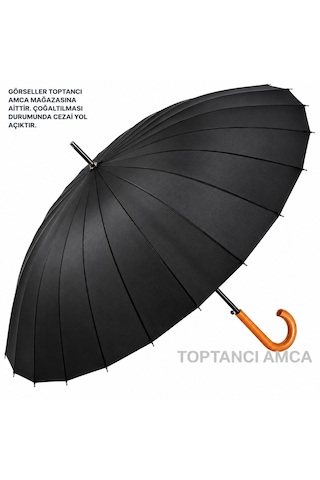 Toptancı Amca Şemsiye 24 Tel Bay Lüx Baston Ahşap Sap Sky-60 120 Cm Çap Gerçek Fiber İskelet Siyah