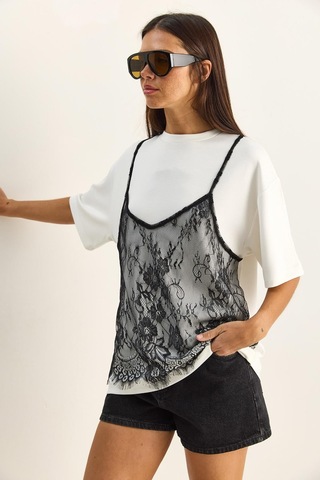 Shade Kadın Dantel Detaylı Katmanlı Görünümlü Basic T-shirt 1083 60286114 - Beyaz