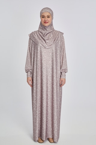 Pratik Tek Parça Çiçek Desenli Namaz Elbisesi Bej