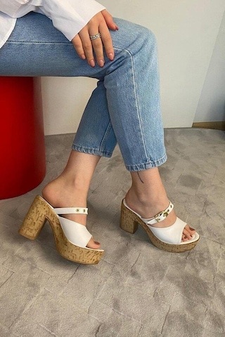 Asmi Shoes Kadın Tena Mantar Taban Platform Topuklu Terlik 10 Cm Snd456 Beyaz Beyaz