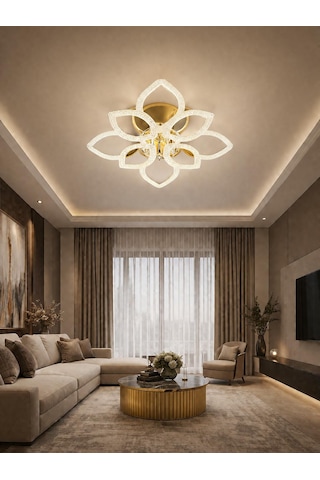 Çiçek 4+4'lü Ledli Gold Avize Altın - Gold