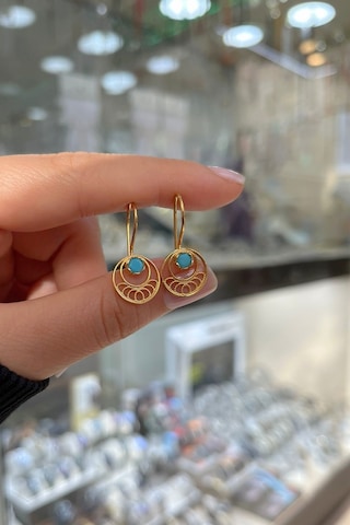 Gümüş Mavi Taşlı Telkari Yeni Küpe Sarı