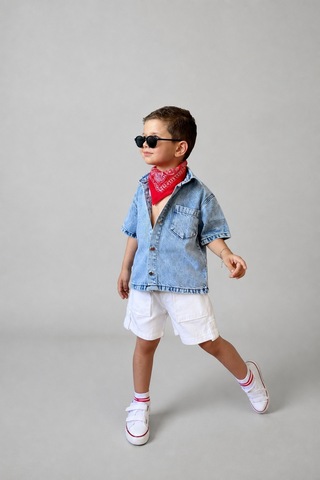 Eray Alp Kids Erkek Çocuk Mavi Kot Gömlek Beyaz Cepli Şort Takımı Günlük Rahat Kombin