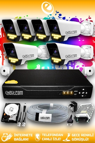 Elitcam 6 Kameralı Süper 6 Dış Kamera Set 500 GB 5 MP 2K Net Renkli Gece Görüşlü Güvenlik Kamerası Sistemi