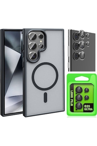 Vendas Samsung Uyumlu Galaxy S23 Ultra Kılıf M-safe Şarj Özellikli Mat Arka Yüzey Zore Sio Kapak + Kamera Lens Koruyucu Siyah