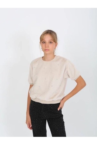 Kız Çocuk Kışlık Peluş Taşlı Yarım Kollu Tasarım Kazak-14821 Krem