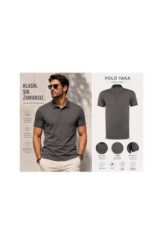 Luxic Core Erkek Polo Yaka Füme Tişört Likralı Pike Kumaş Terletmez Slim Fit Günlük Şık Tasarım