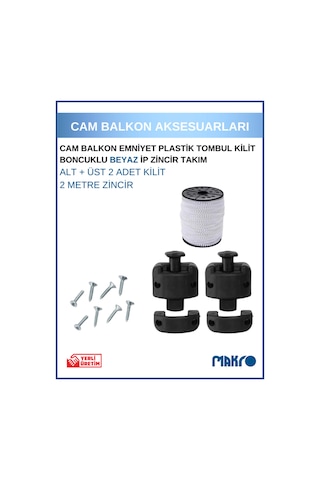 Cam Balkon Kilidi Emniyet Plastik Tombul Kilit Boncuklu Beyaz Ip Zincir Takım Seti
