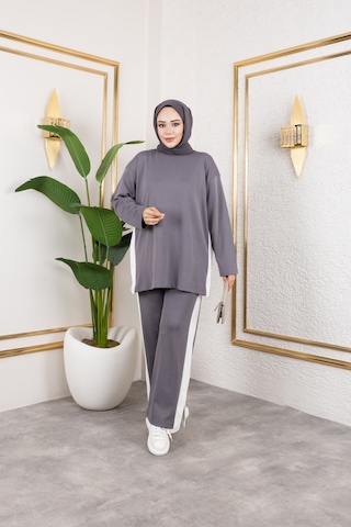 Hira Life Fashion Kadın Efsa Gri Bisiklet Yaka Yanı Şeritli Ve Pantolon Cepli Alt-üst İkili Takım Gri Gri