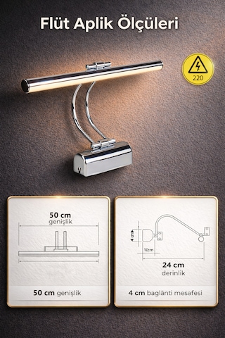 Merwish Flüt Led Aplik 50 Cm Duvar Aydınlatma 4000k Doğal Beyaz Işık Kablo Bağlantılı 220v Modern Tasarım Krom