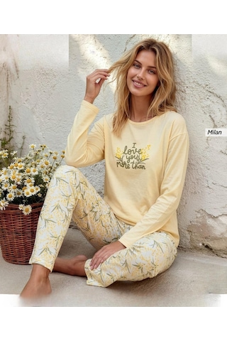 Pijamoni Kadın Milan Bisiklet Yaka Uzun Kol İnce Pijama Takımı 7600/23s - 1 Adet Sarı