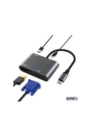 Winex 4In1 Type-C To Hub Pd 65W Hdtv Vga Usba Dönüştürücü Adaptör