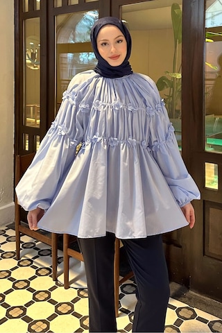 Unika Boutique Mini Çiçekli Kadın Tesetettür Gömlek Mavi