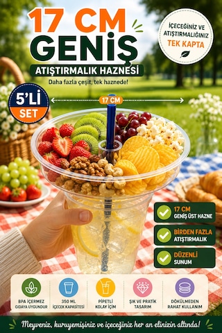 5'li Set Atıştırmalık Hazneli Bardak 350 Ml Pipetli Pet Piknik Sinema Parti İçecek Bardağı Seti 17 Cm Şeffaf
